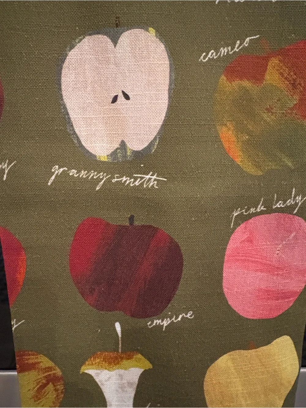 Anthropologie Olive Green Tea Towel with Multicolor Apple Accents